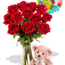 12 Rose Package with Medium Teddy Bear and balloon